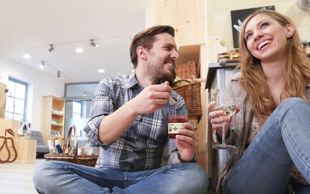 Couple eating and drinking