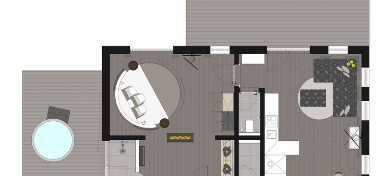 Grundriss des "Lieblings-Chalet" mit Küche, Wohnraum, Schlafzimmer und angrenzendes Badezimmer sowie zwei großen Terrassen, Whirlpool und Sauna.